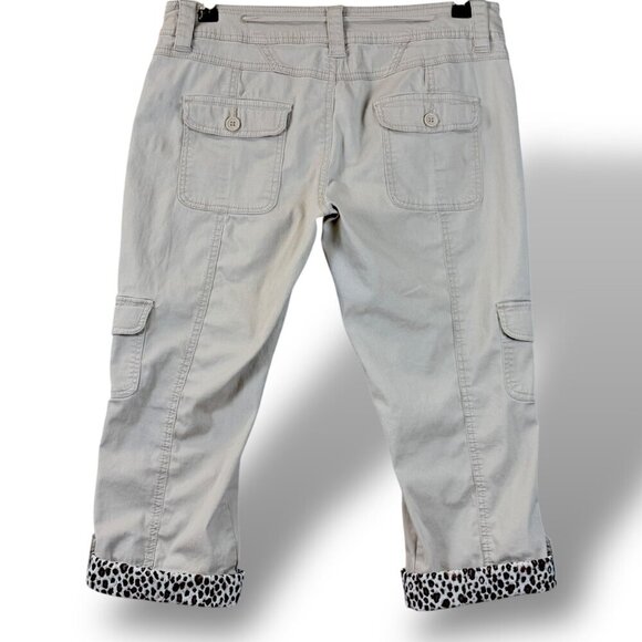VTG American Rag Cargo Capri Pants Womens Size 9 Beige/Leopard Trim Roll-Tab Y2K - Picture 5 of 10